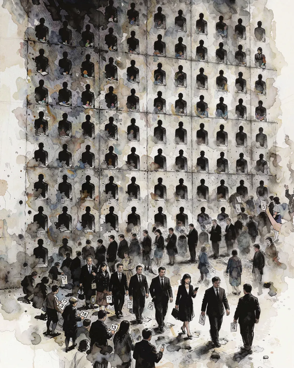 Ink drawing: a crowd walking toward a cliff wall full of human-shaped holes