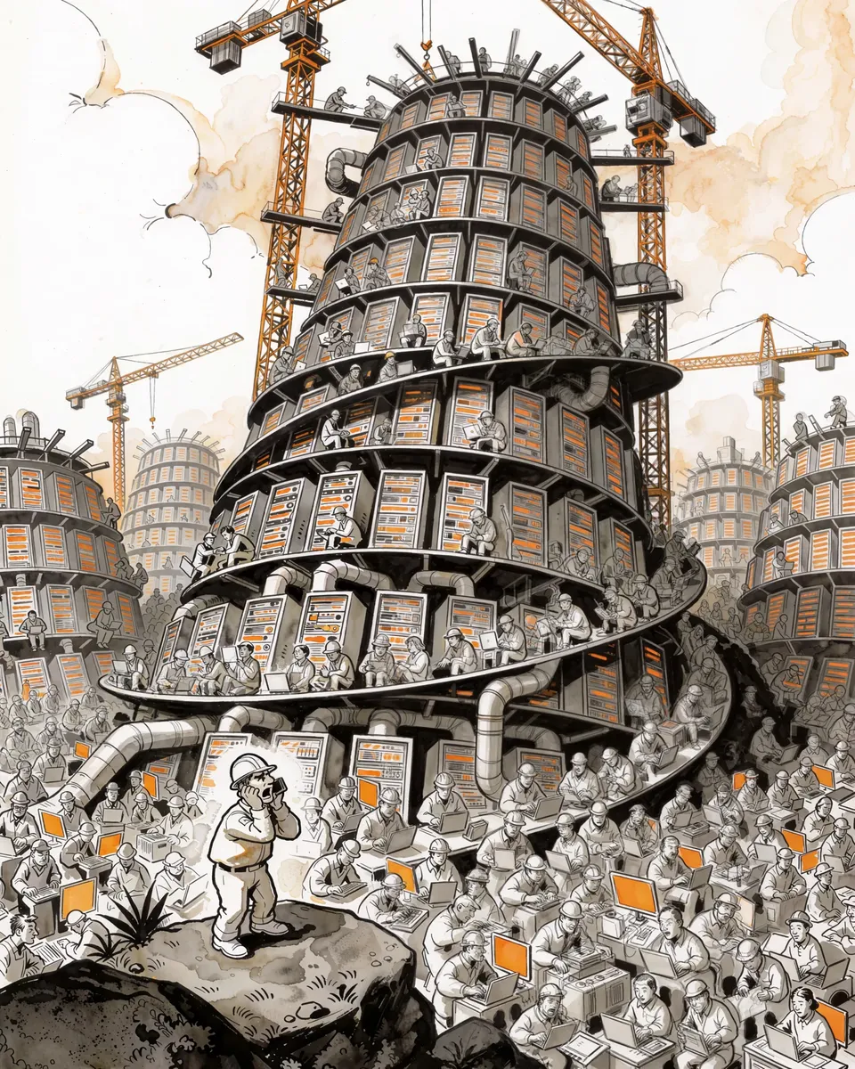 Ink and watercolor drawing: a tower of server racks crowded with tiny workers