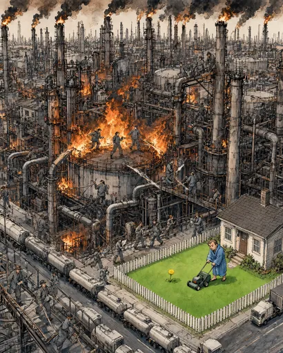 Ink and watercolor: the refinery burns and its crews toil, while one man in a bathrobe mows his little lawn behind a picket fence.