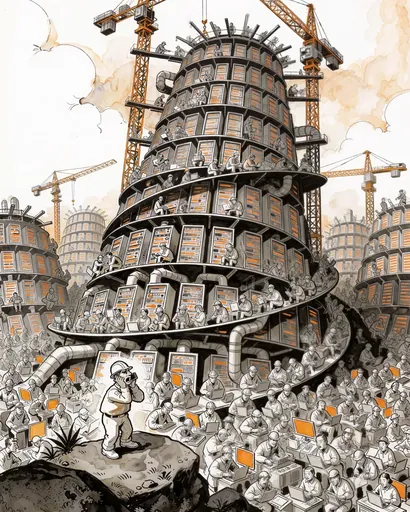 Ink and watercolor drawing: a tower of server racks crowded with tiny workers.