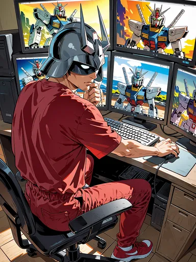 Comic-book color, a pair: two men at their computers in robot helmets, one dark, one white.