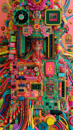 Bright collage: a figure made of circuit boards, cables, fans and flowers, with only a calm face showing.