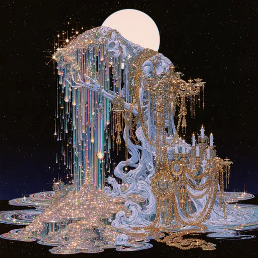 Iridescent illustration: a skeletal figure draped in gold chains and candelabra pours a stream of glitter before a full moon.