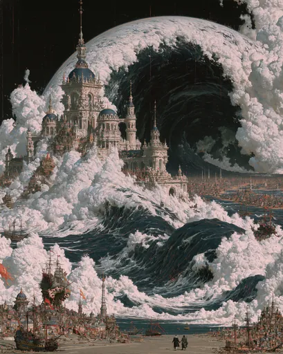 Oil-painting style: a wave the size of a world curls over a domed palace city and its tall ships, while two small figures walk the shore.