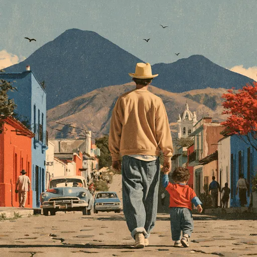 Faded print colors: a man in a straw hat walks his small son up a cobbled street of painted houses, toward the mountains.