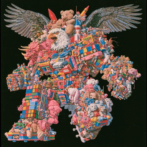 Painted in fine detail: a bald eagle whose body is built of toys, teddy bears, toy cars, blocks and rockets.