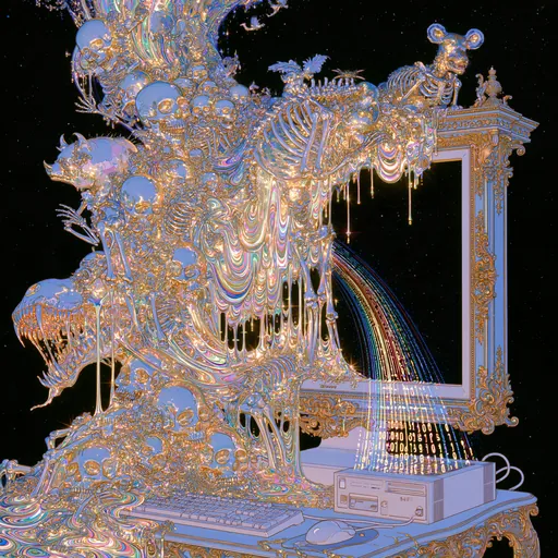 Iridescent illustration: a mass of gold skulls and skeletons spills out of an ornate old computer, its data pouring out as rainbow streams of binary.