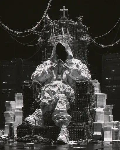 Black and white: a faceless hooded figure crowned with barbed wire sits on a throne of keyboards and servers among stacks of paper.
