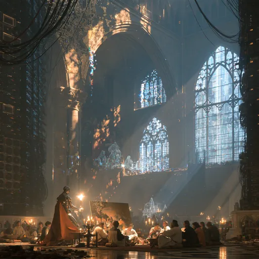 Cinematic painting: people sit on the floor of a cathedral lined with server racks, studying a painting by candlelight, a robed robot among them.