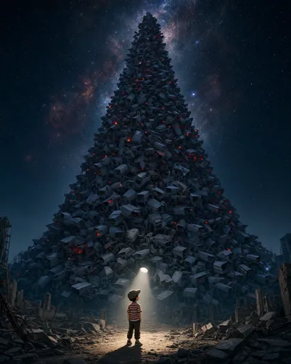 Night scene: a small boy in a spotlight looks up at a mountain of security cameras under the Milky Way.