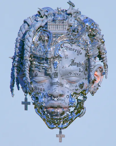 Chrome sculpture: a sleeping head covered in script tattoos and piercings, its braids wound around a tiny palace.