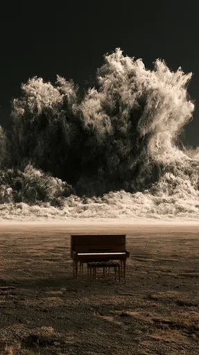 Sepia, photographic: an upright piano alone on bare ground before a towering wave.