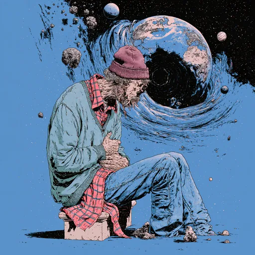 Ink and flat color: an old man doubled over on a stone block while the Earth behind him drains into a black hole.