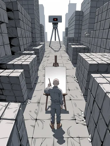 Ink drawing: a man paints at a blank canvas in an alley of stacked stone blocks, watched by a camera on a tripod.