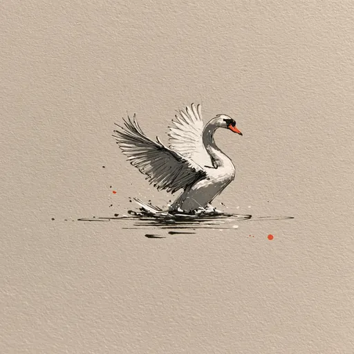 Brush and ink: a swan rising off the water, wings open, with a few drops of red.