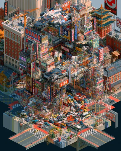 Isometric city: a dense block of signs and rooftops, a pagoda, a jammed crossing, and flying cars parked on the roofs.