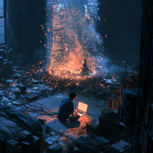 Ink and night color: a man on the floor of a cluttered room types on a laptop while a column of code burns up into the dark above him.