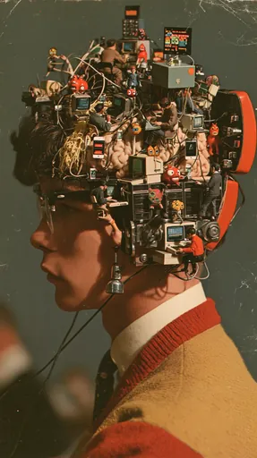 Vintage photo collage: a young man in profile whose head opens into a tiny office of workers, wires and old computers.