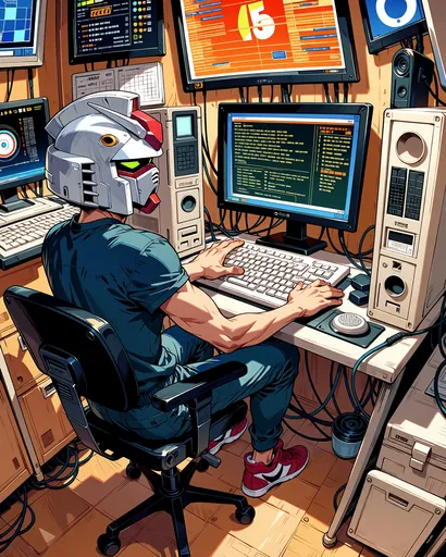 Comic-book color, a pair: two men at their computers in robot helmets, one dark, one white.