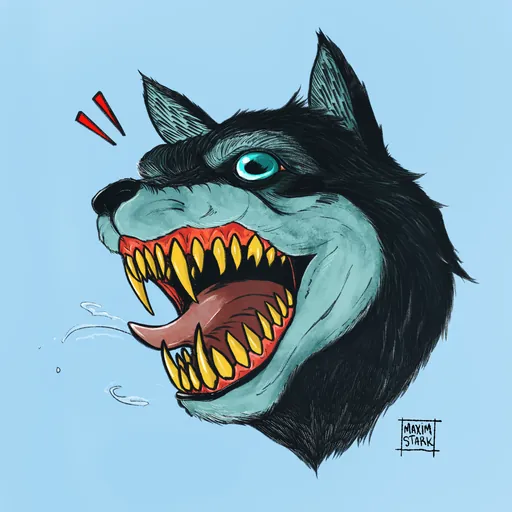 A snarling blue wolf head with yellow fangs on a sky-blue ground.