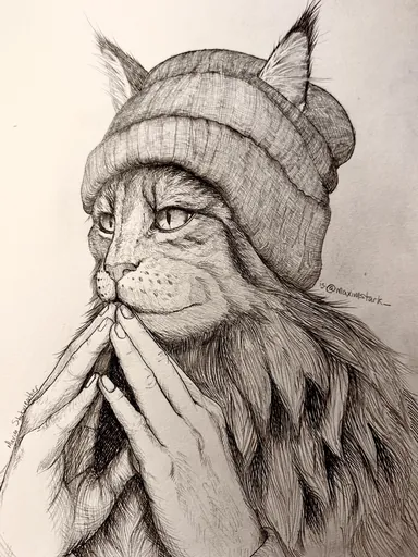 A cat in a knitted beanie, paws pressed together under its chin, in fine pen hatching.