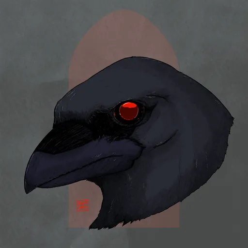 A dark crow head in profile with one red eye.