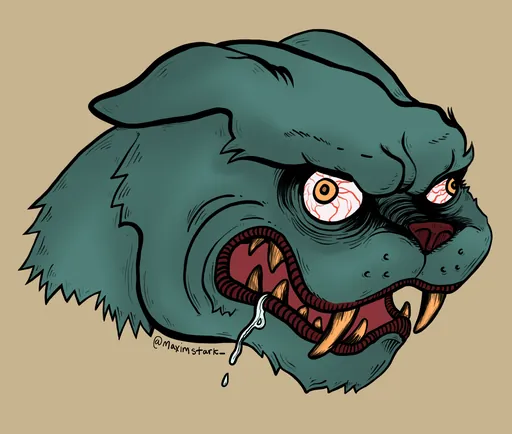 A teal cat head with wild yellow eyes and bared fangs, drooling.