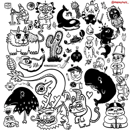 A sheet of small black-and-white flash drawings: creatures, cats, whales, skulls and odd characters.