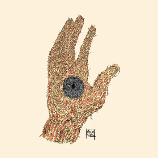 A raised hand in rust-colored strokes with a dark eye in its palm.