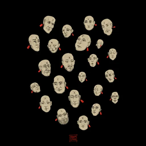 Rows of small bald heads scattered on black, each with a red mark.