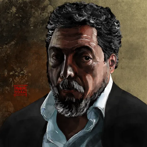 A painted portrait of a gray-bearded man in a dark jacket.