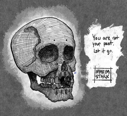 A human skull in fine cross-hatching beside the words "You are not your past. Let it go."
