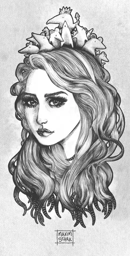 A woman with long wavy hair, small mice gathered on her head like a crown.