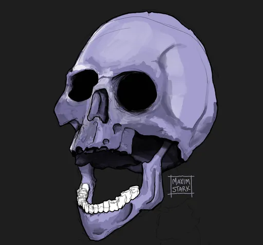 A lavender skull with a gaping jaw on black.