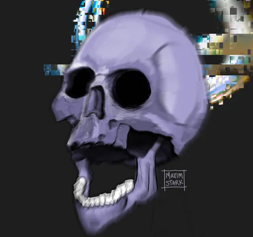 The same lavender skull, smeared and glitched at the edges.