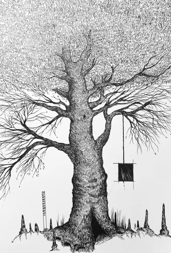 A tall bare tree in fine pen lines, a small dark sign hanging from one branch.