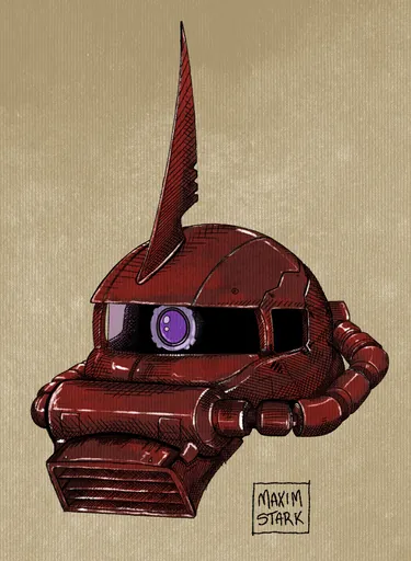 A red mecha helmet with a single spike and a glowing purple eye.
